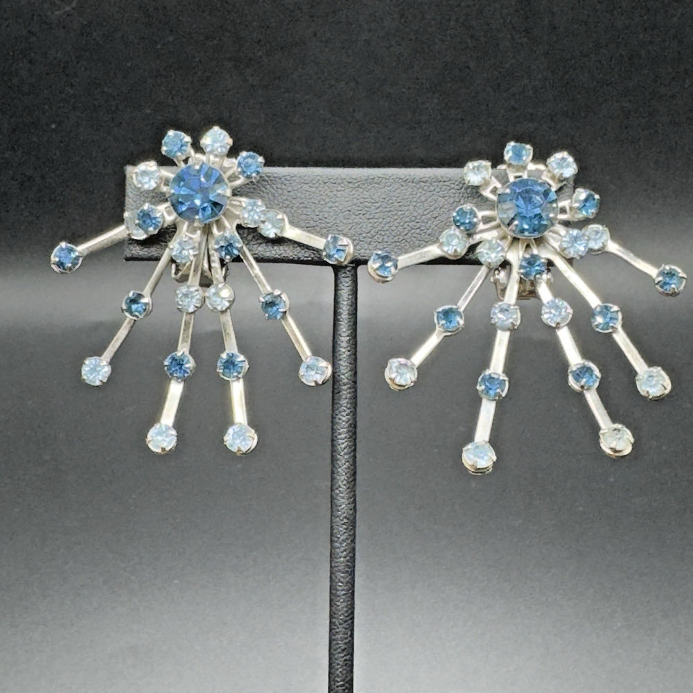 Vintage Rhinestone Earrings Blue Starburst Statement Clip On